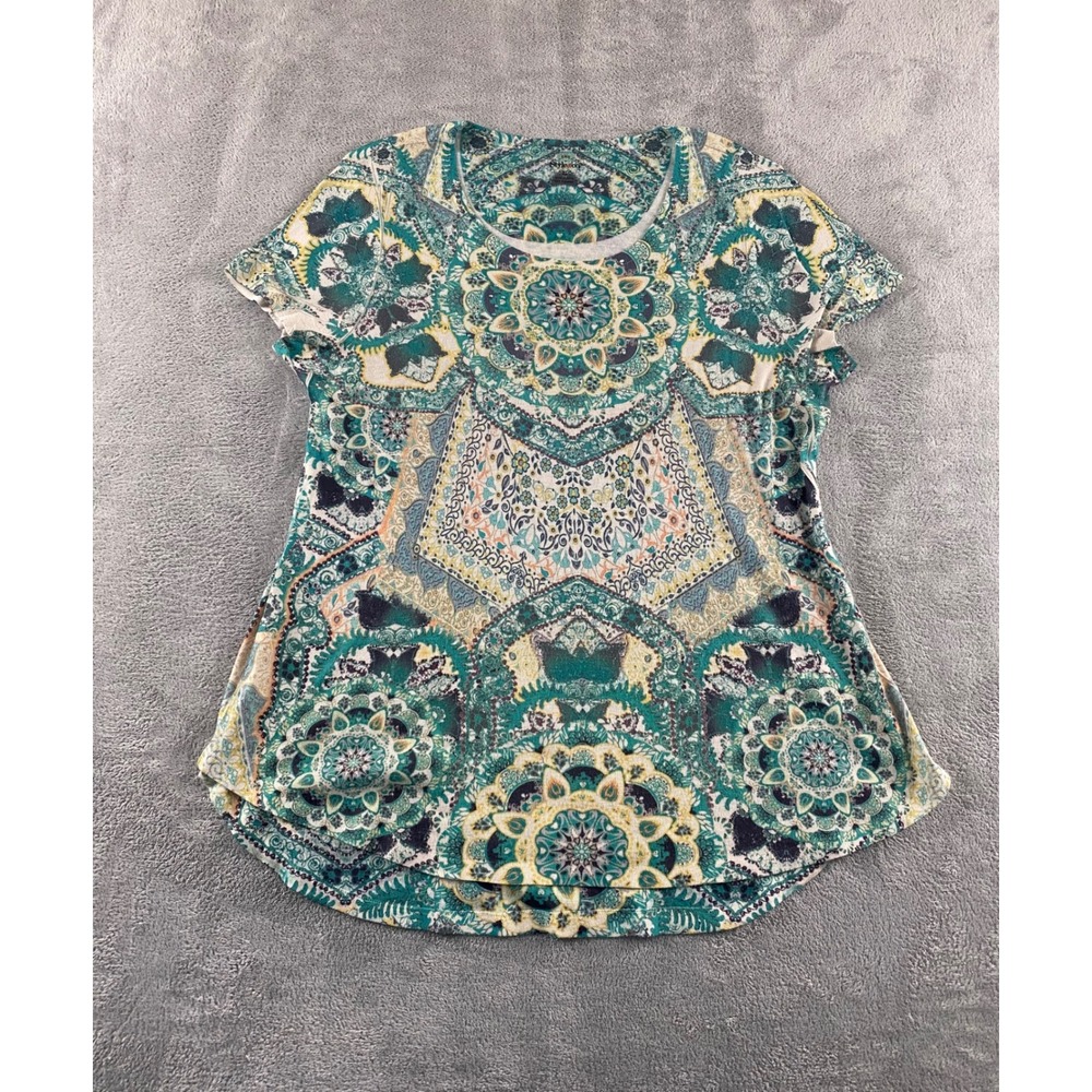 Style & co Womens XL Teal Mandala Paisley Rhinestone Short Sleeve Top Curved Hem